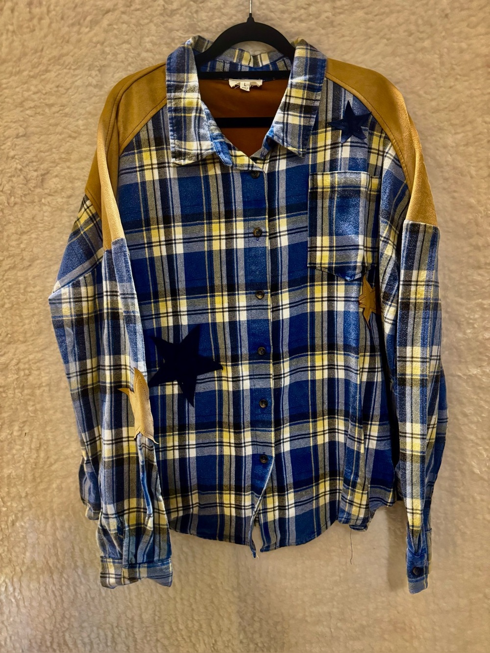 Casual Plaid Button-Down Shirt with Star Detail - Blue & Tan